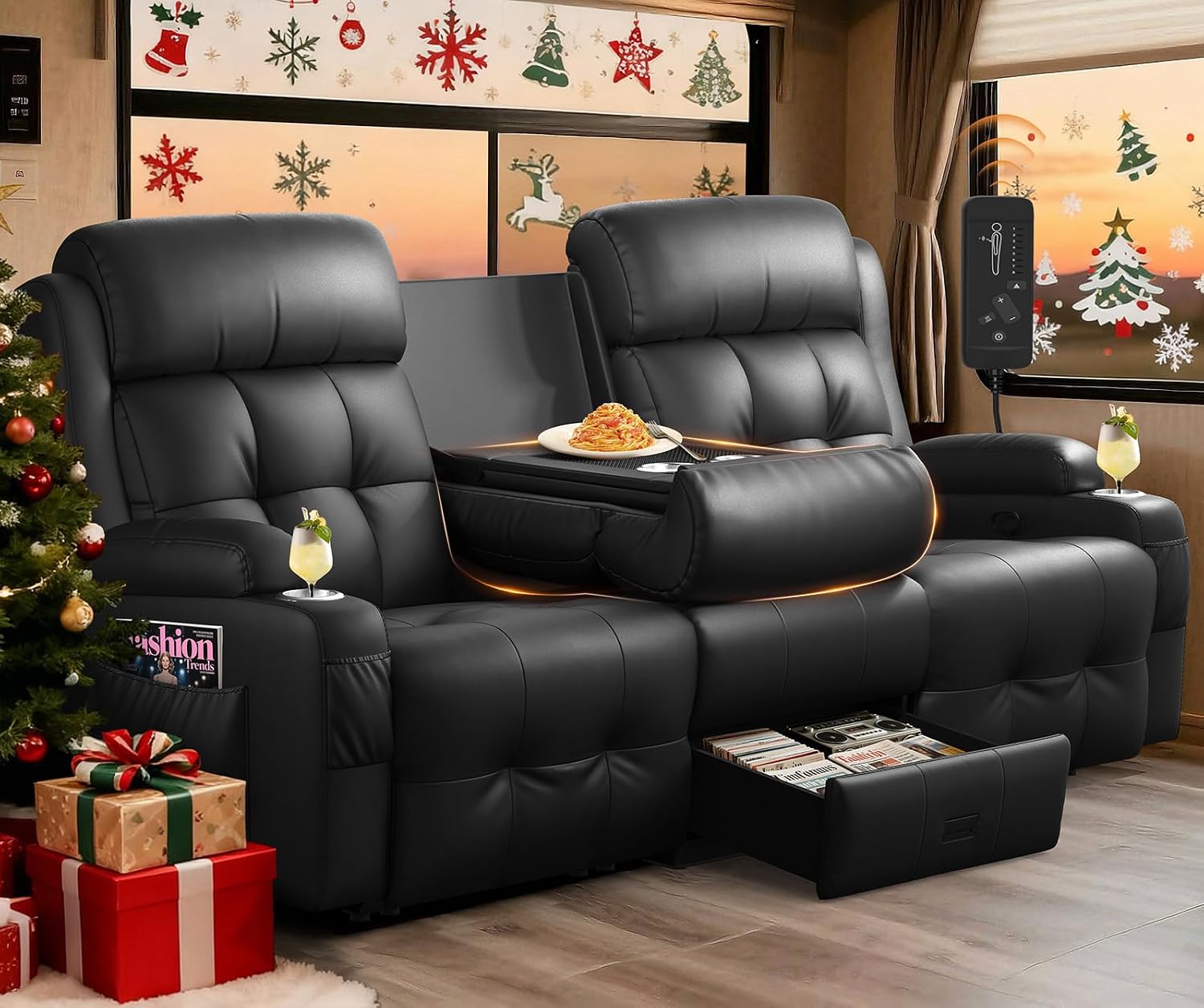 RV Loveseat Recliner Sofa, Oversized Massage Wall Hugger 3-Seater Recliners Couch with Flip Middle Backrest, Drawers & Cup Holder, Reclining Sleeper, 150° Adjustable Recline for RV & Living Room