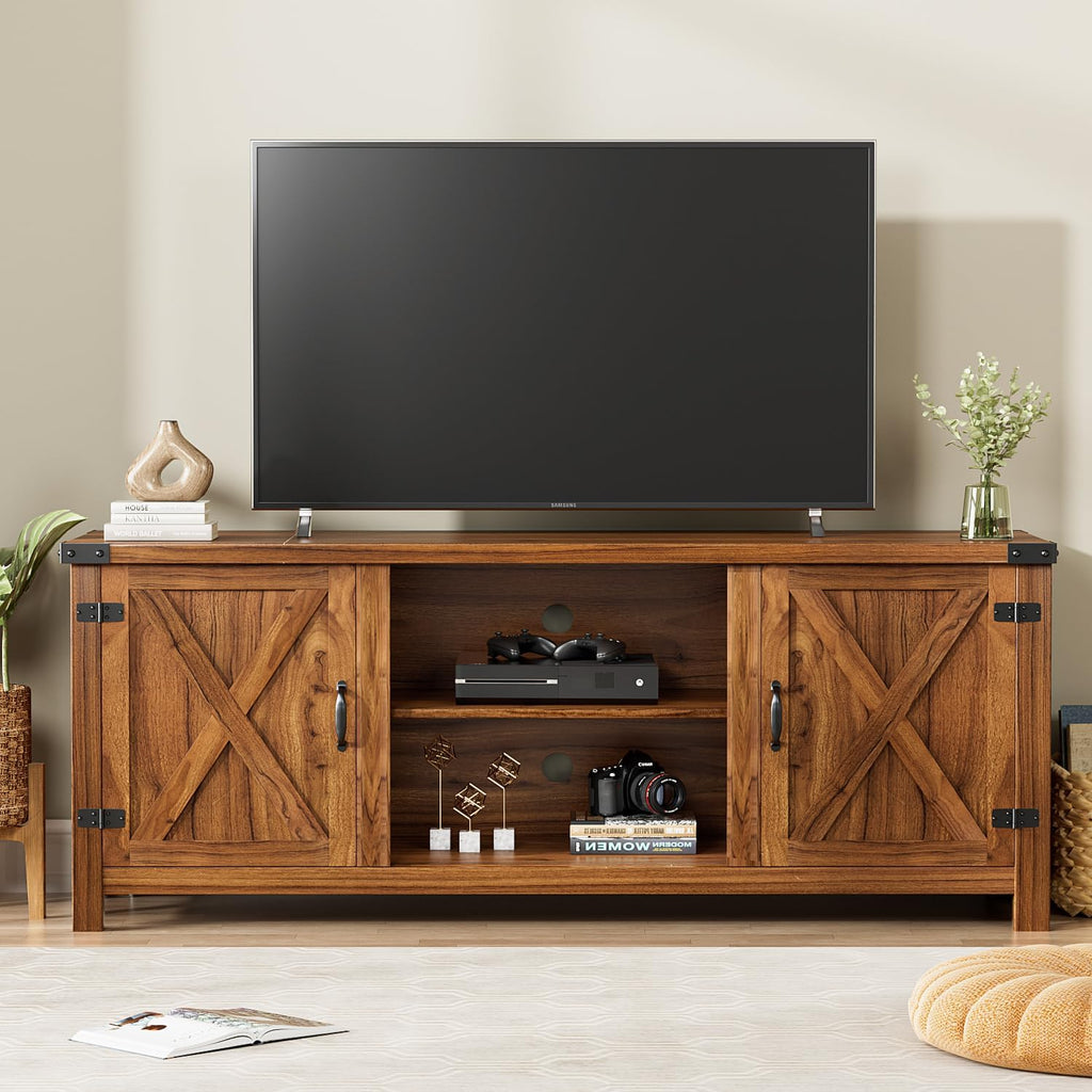 YESHOMY Modern Farmhouse TV Stand with Two Barn Doors and Storage Cabinets for Televisions up to 65+ Inch,Entertainment Center Console Table,Media Furniture for Living Room,58 Inch, Walnut,YH-TS103DWA