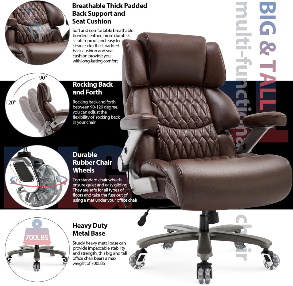 700lbs Big and Tall Office Chair - Adjustable Lumbar Support Heavy Duty Metal Base Quiet Rubber Wheels High Back Large Executive Computer Desk Swivel Chair, Ergonomic Design for Back Pain