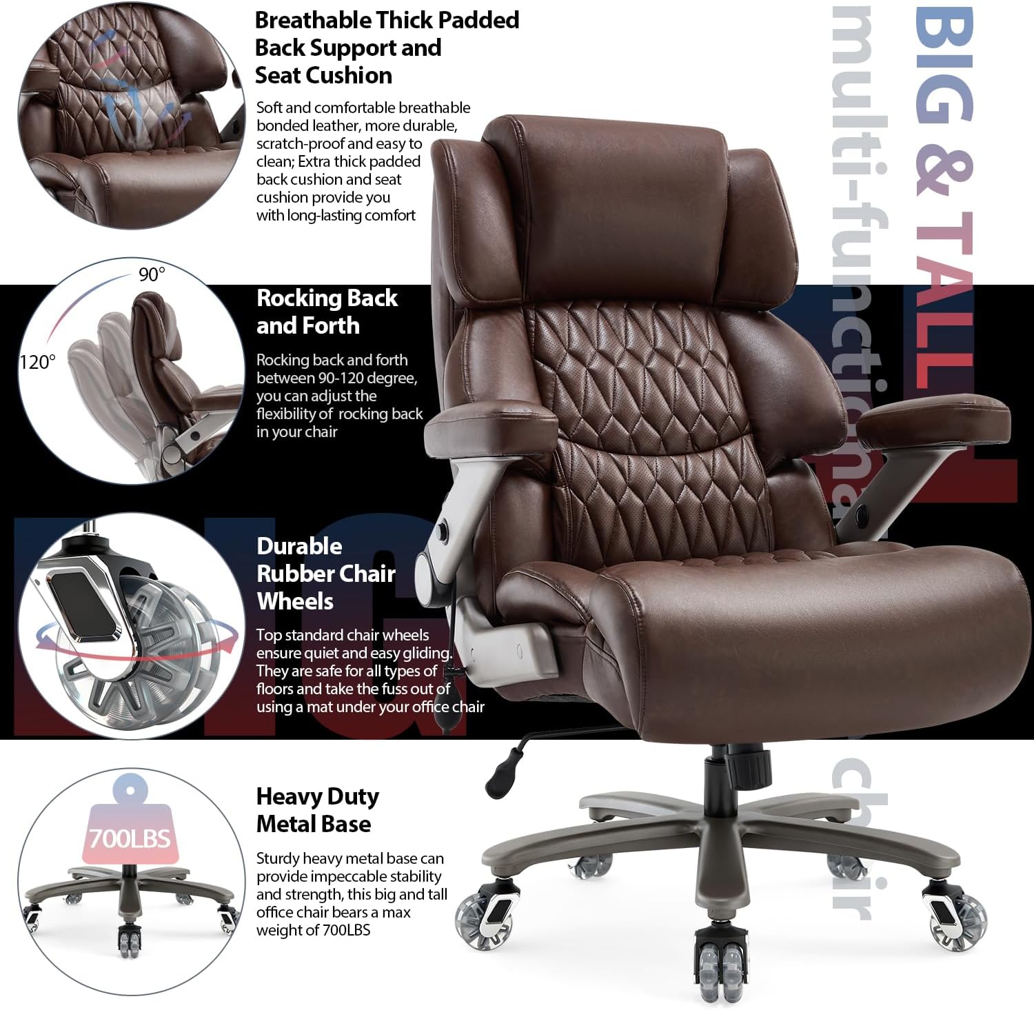700lbs Big and Tall Office Chair - Adjustable Lumbar Support Heavy Duty Metal Base Quiet Rubber Wheels High Back Large Executive Computer Desk Swivel Chair, Ergonomic Design for Back Pain