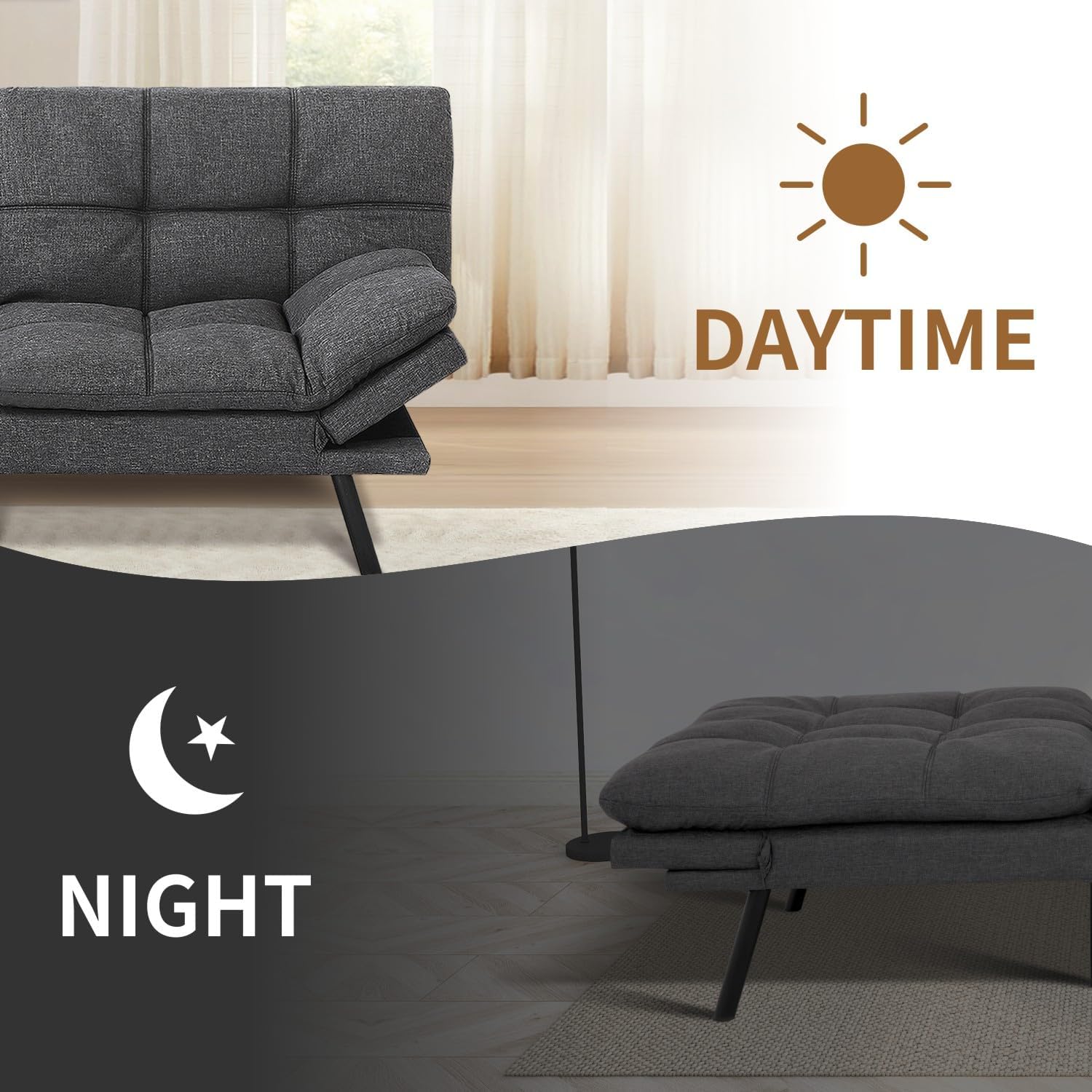 MUUEGM Futon Sofa Bed, 71' Convertible Memory Foam Sofa Couch with Adjustable Backrest & Armrests, Modern Upholstered Sleeper Couch for Small Spaces, Living Room & Apartment, Linen Fabric, Dark Gray