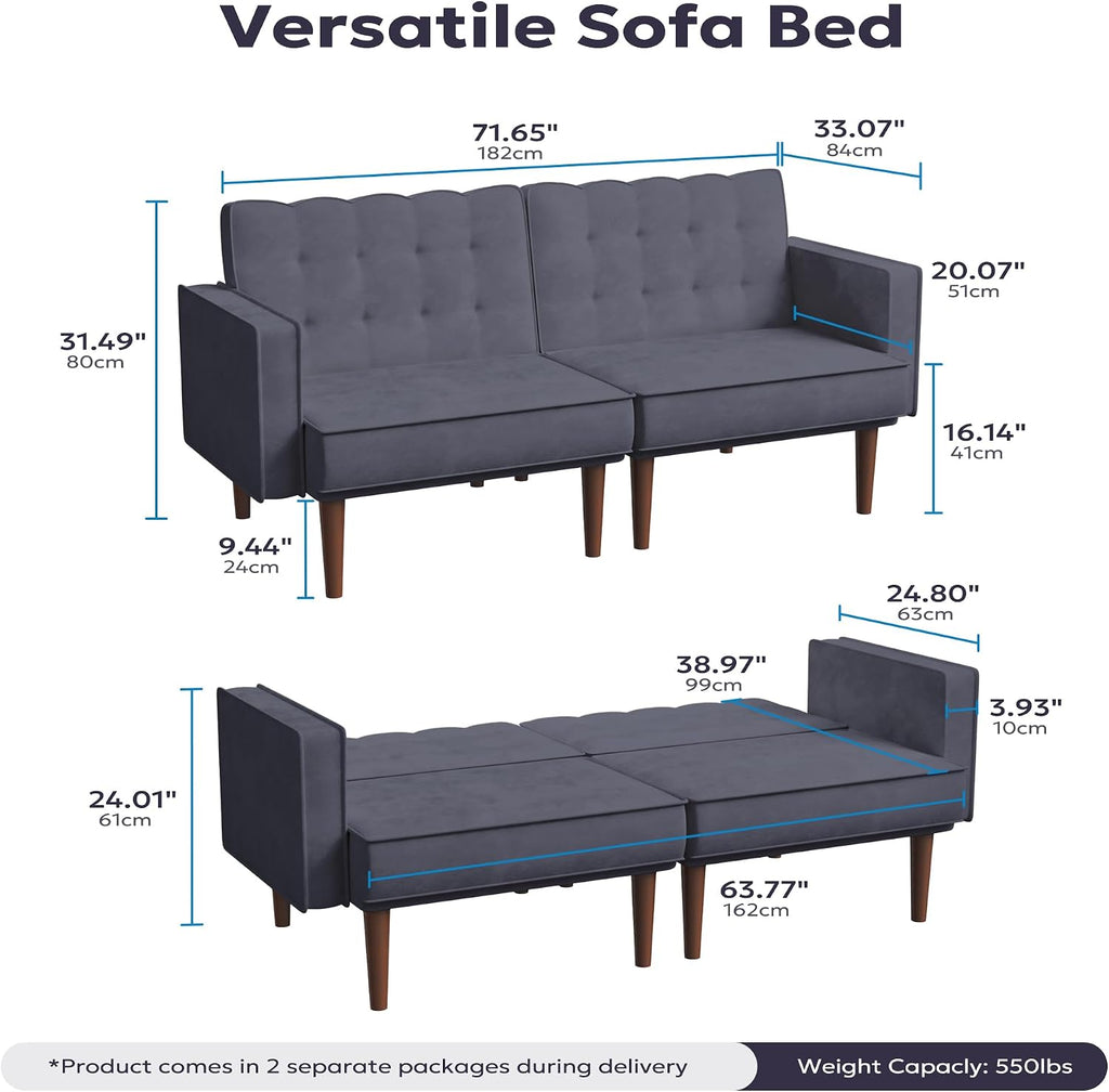 Furnify 71' Velvet Futon Sofa Bed, Versatile Loveseat Couch, Sleeper Sofa with Adjustable Backrest, Mid Century Modern Futon Couch for Small Space, Living Room, Office & Apartment, Velvet Fabric Grey