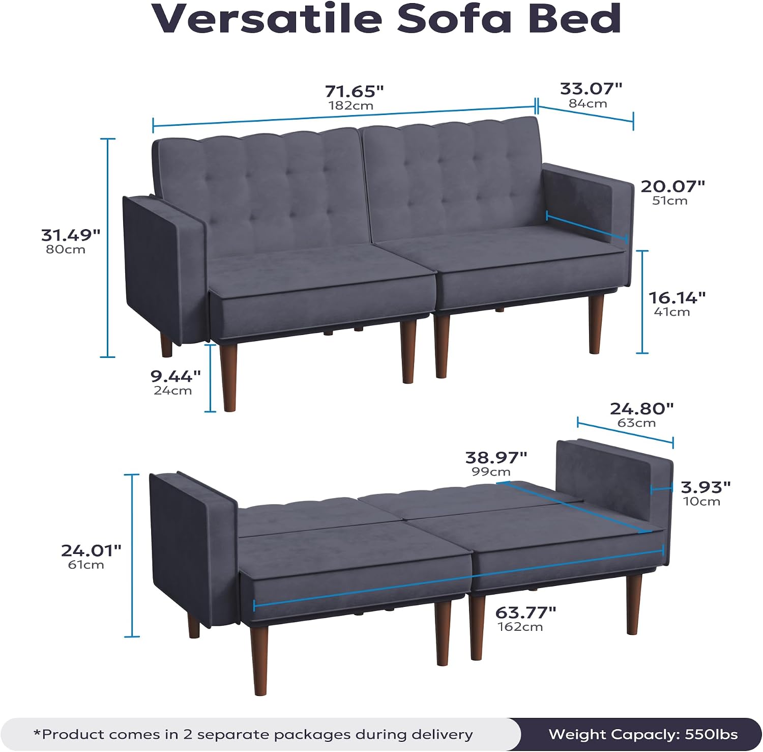 Furnify 71' Velvet Futon Sofa Bed, Versatile Loveseat Couch, Sleeper Sofa with Adjustable Backrest, Mid Century Modern Futon Couch for Small Space, Living Room, Office & Apartment, Velvet Fabric Grey