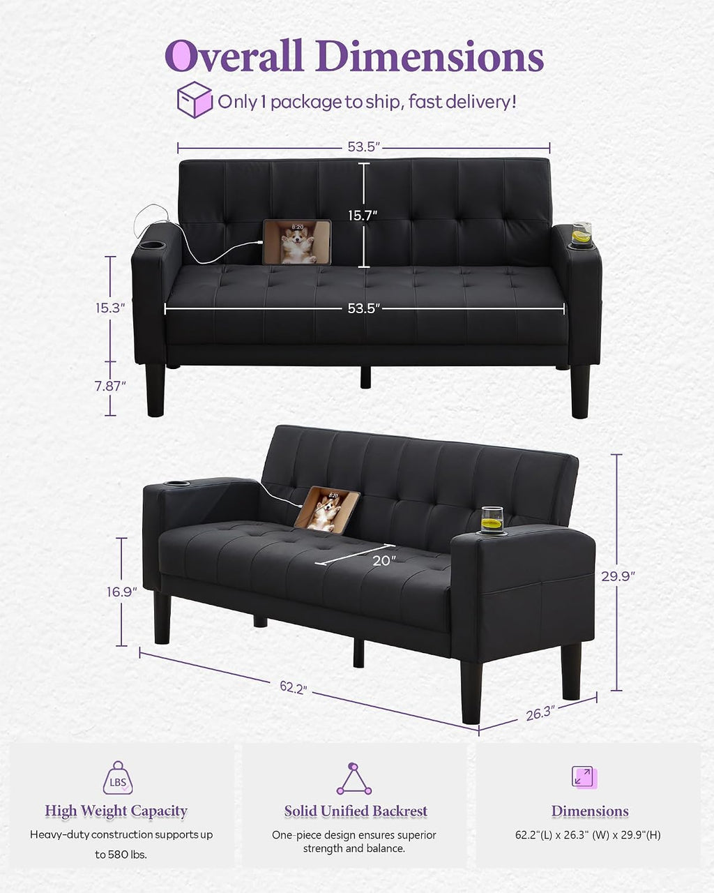 TYBOATLE Sofa Couch 62' W Loveseat w/ 2 USB Charger Ports & 2 Cupholders, Mid-Century Modern Black Faux Leather Tufted Small Love Seat Couches for Office,Compact Living Room,Bedroom,Apartment,Dorm