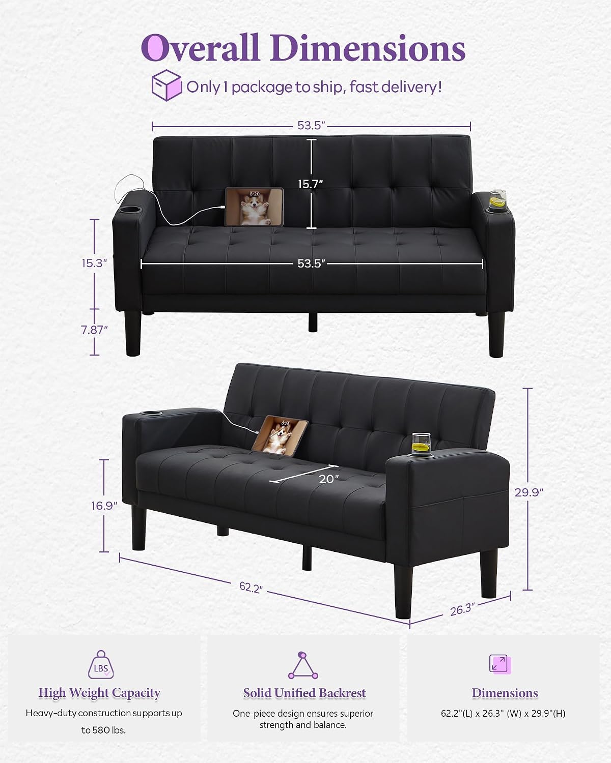 TYBOATLE Sofa Couch 62' W Loveseat w/ 2 USB Charger Ports & 2 Cupholders, Mid-Century Modern Black Faux Leather Tufted Small Love Seat Couches for Office,Compact Living Room,Bedroom,Apartment,Dorm