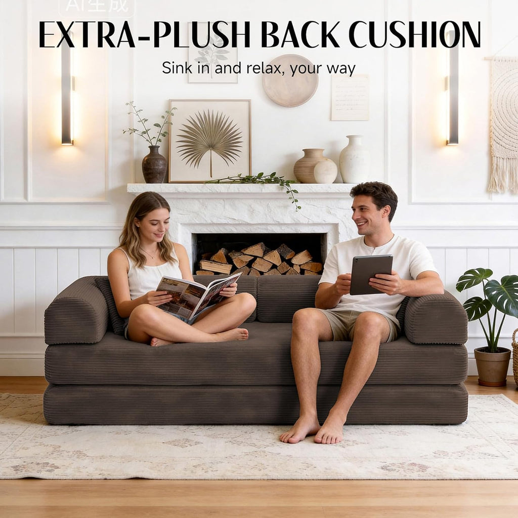 79'' Convertible Sofa Bed, Boneless Couch-in-a-Box, Corduroy Floor Futon Loveseat Sleeper, 26'' Deep Seat, Removable Machine-Wash Covers, No Assembly, 2 Pillows, Brown