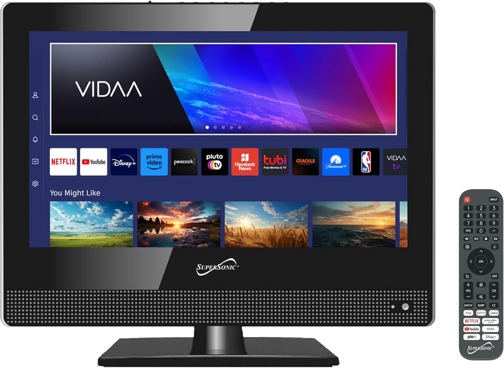 Supersonic SC-1520VTV 15.6 inch Smart AC/DC LED TV, Powered by VIDAA, 1080p, WiFi, Built-in Speakers, USB, 3X HDMI ARC, For Kitchen, RV, Boat, Truck, Playroom, Room, Remote, DC Car Cord INCLUDED-Black