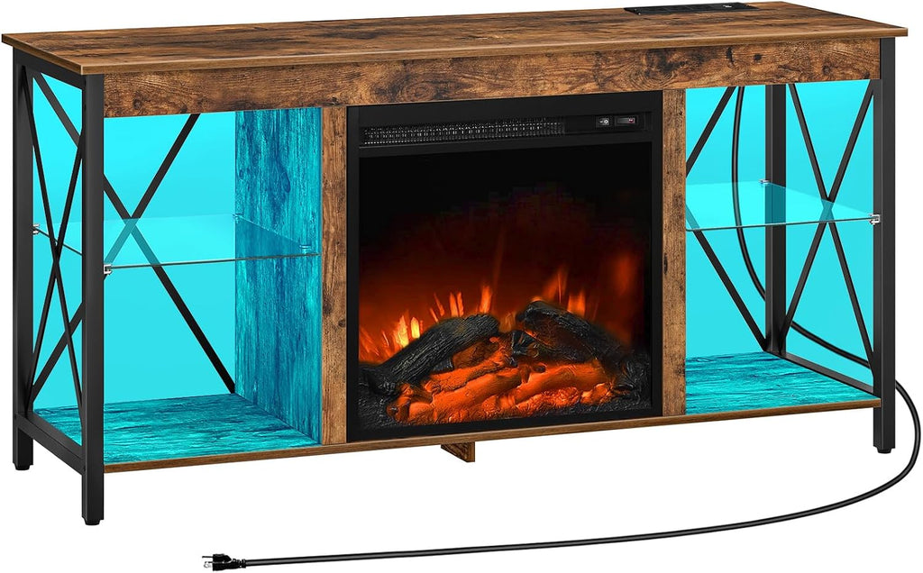 HOOBRO Fireplace TV Stand with Charging Station and LED Lights, TV Stand with Fireplace for TVs up to 55', Entertainment Center with Fireplace, Glass Shelves, Rustic Brown and Black BF120UDDS01