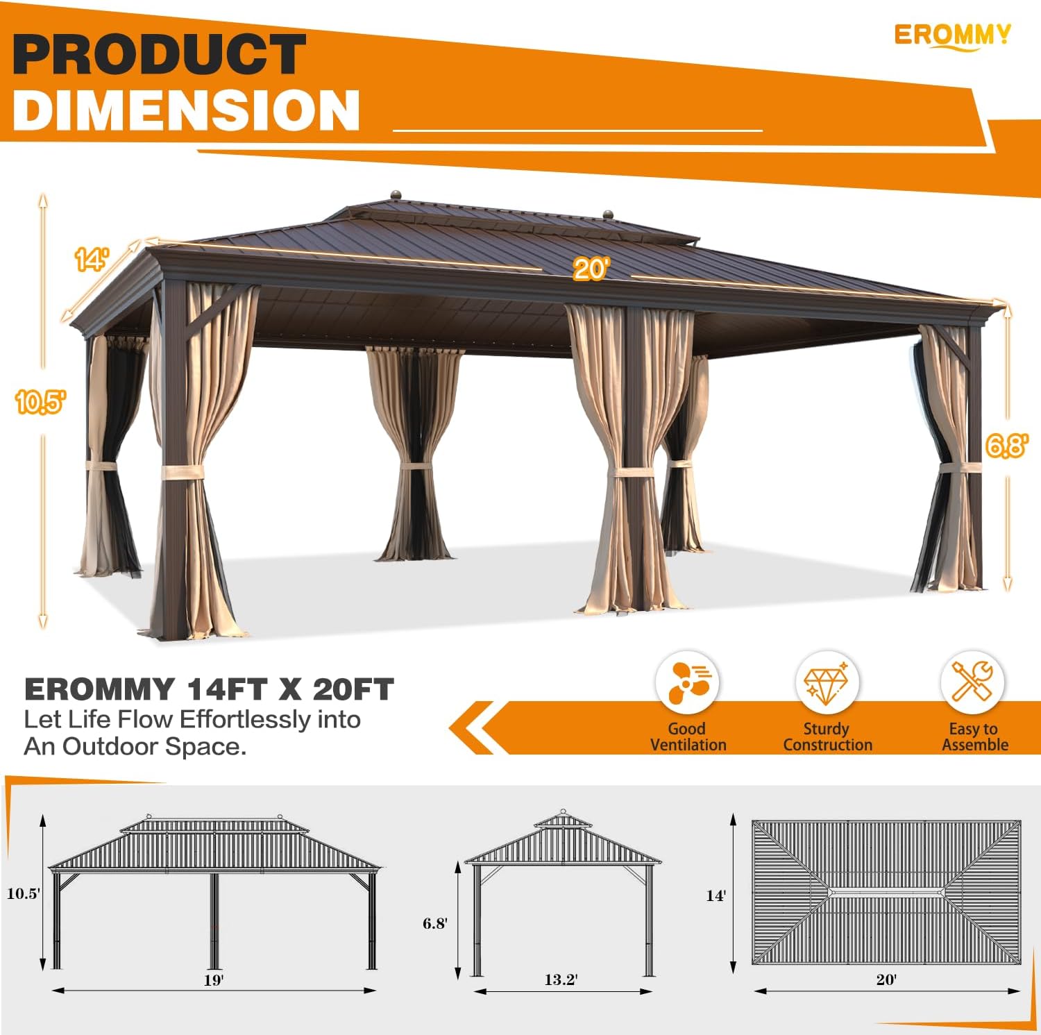 EROMMY 14'x20' Hardtop Gazebo Double Roof Galvanized Steel Canopy Outdoor Aluminum Frame Permanent Metal Pavilion with Netting and Curtains for Patio Backyard Deck and Lawns