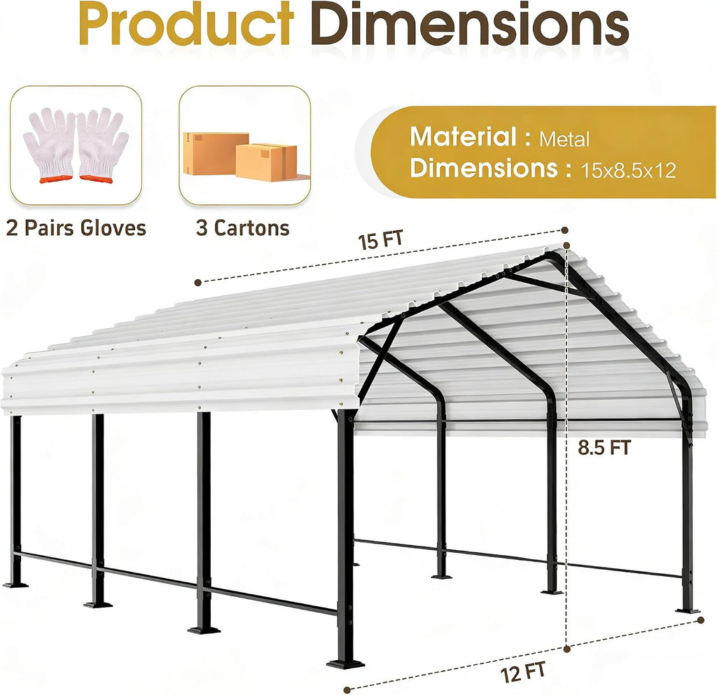JAMFLY Carport, 12X15 FT Metal Carport, Heavy Duty Carport Canopy with Galvanized Steel Roof and Frame, Metal Car Garage Upgraded Extra Large Garage for Pickup, Boat, Car and Tractors, White