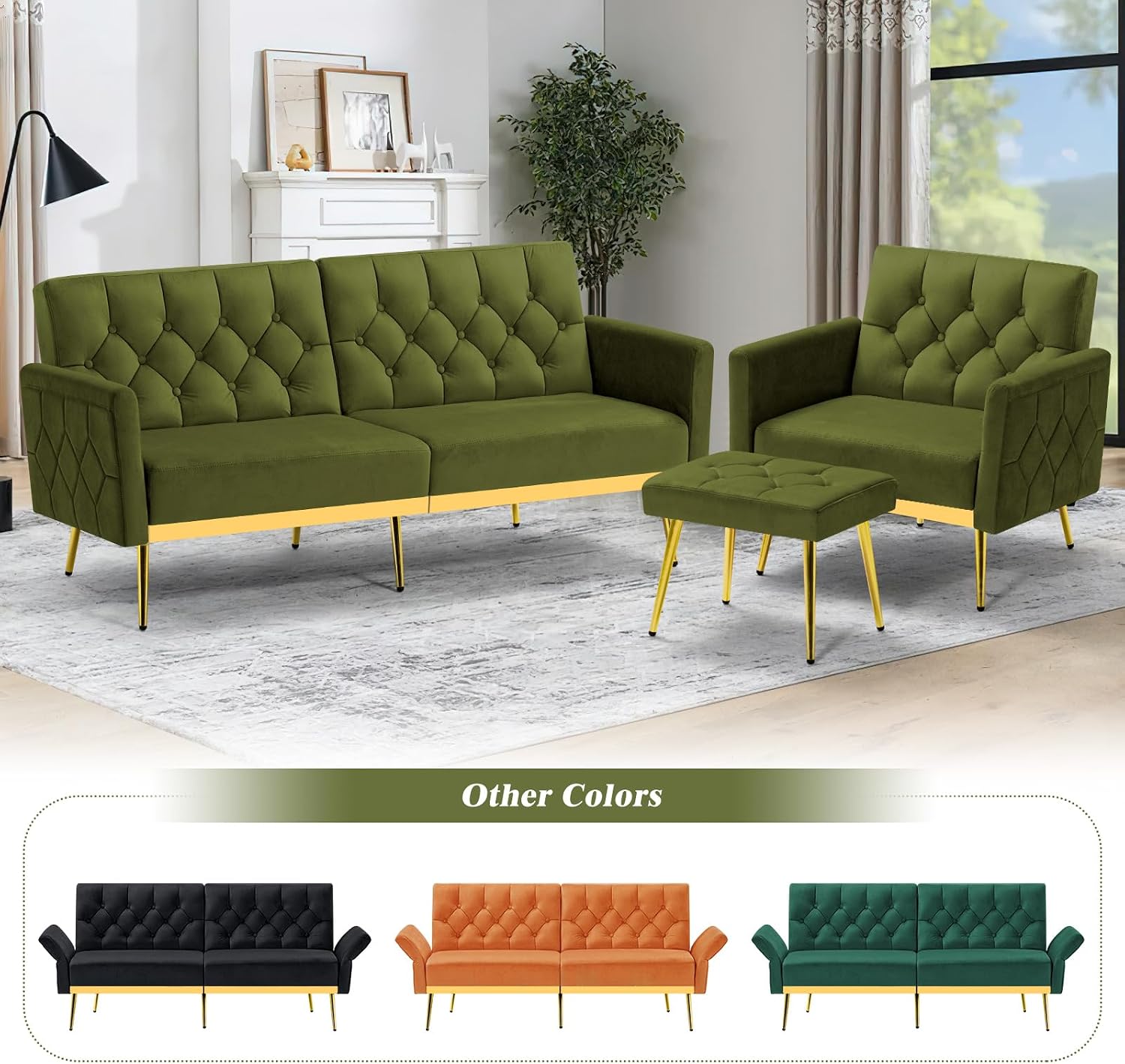 Velvet Sofa Bed w/Adjustable Armrests and Backrests, Modern Convertible Sleeper Sofa, Tufted Futon Sofa for Bedroom, Living Room, Apartment, Olive Green