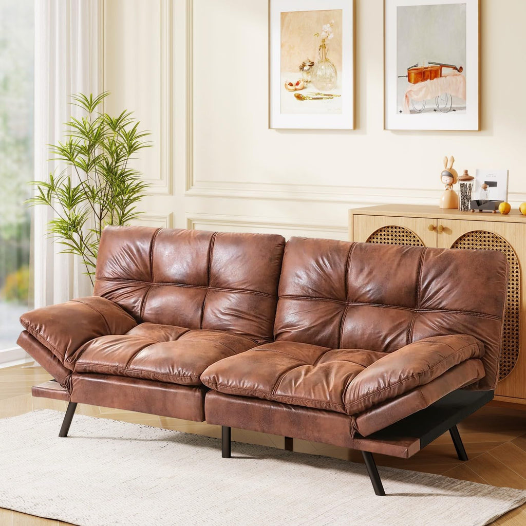 MUUEGM Futon Sofa Bed, 71' Folding Recliner Lounge with Adjustable Backrest & Armrests, Comfy Loveseat Sleeper Couch for Compact Spaces, Faux Leather, Brown
