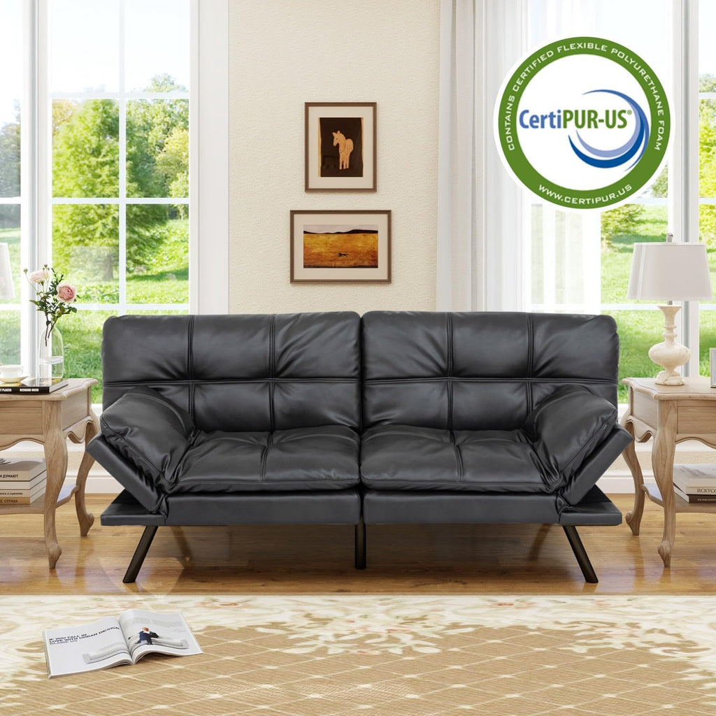MUUEGM 71' Convertible Futon Sofa Bed, Upholstered Small Futon Couches with Adjustable Backrest, Loveseat Sleeper Bed for Compact Living Room Studio Office (Matte Black)