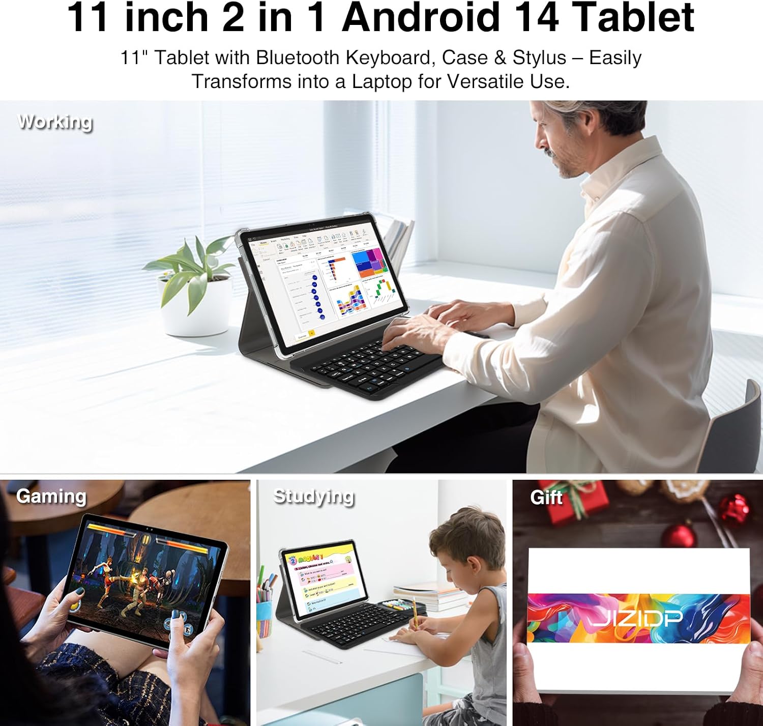 2026 Latest 11 inch Android Tablet, 18GB RAM 128GB ROM, 1TB Expandable, 2K Display, T616 Octa-Core, 13MP+5MP+5MP Camera, 9000mAh Battery, GPS, Face ID, Quad Speakers, Tablet with Keyboard and Pen