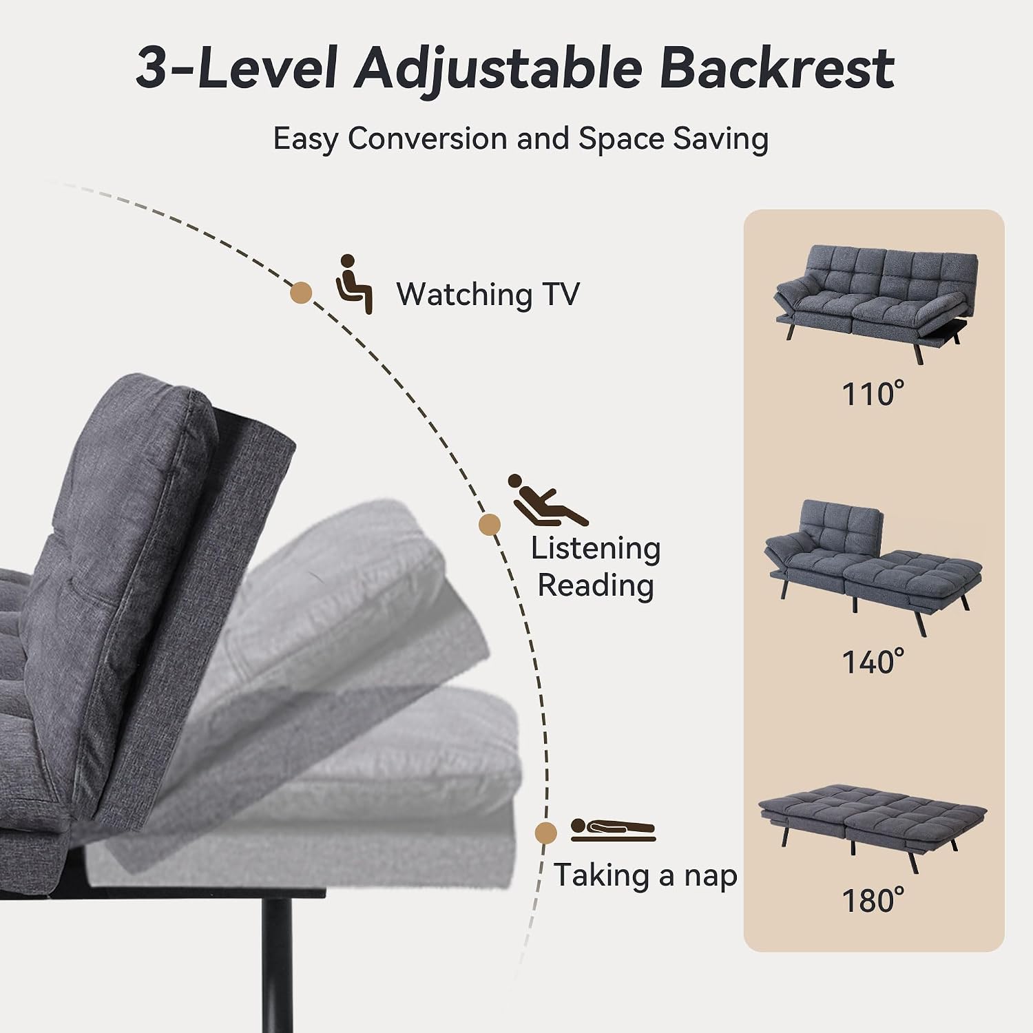 71' Convertible Futon Sofa Bed,Linen Fabric Futon Couch Bed,Memory Foam Sleeper Sofa,Modern Folding Small Loveseat for Living Room,Office,Apartment,Retro Grey