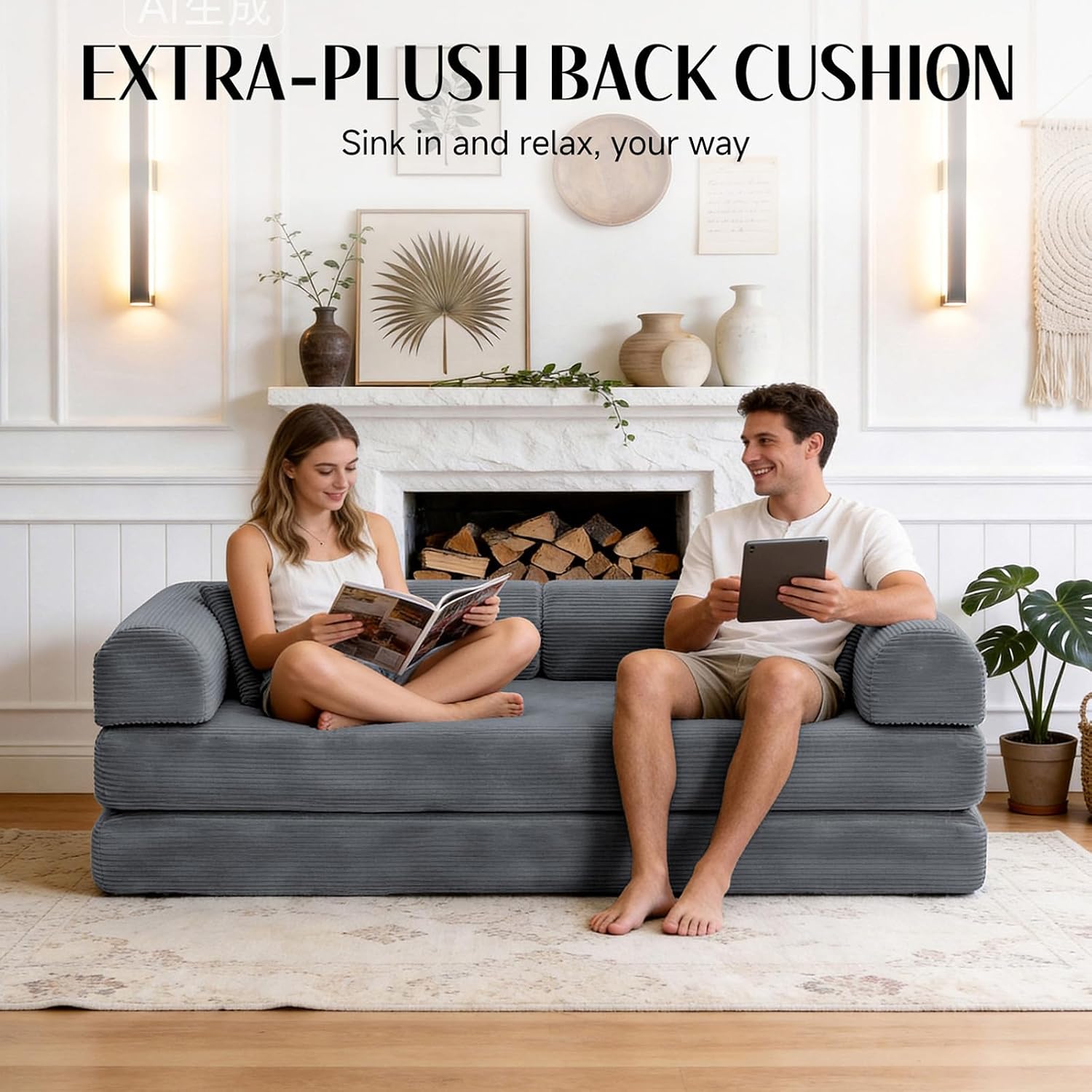 79'' Convertible Sofa Bed, Boneless Couch-in-a-Box, Corduroy Floor Futon Loveseat Sleeper, 26'' Deep Seat, Removable Machine-Wash Covers, No Assembly, 2 Pillows, Dark Grey