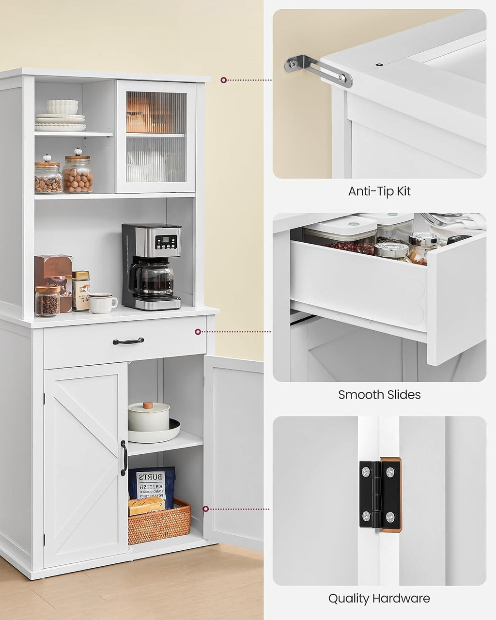 VASAGLE LIRY Collection - 71-Inch Tall Kitchen Pantry Cabinet with Lights and Charging Station, Coffee Bar Cabinet with Doors and Drawer, Farmhouse Style, Adjustable Shelves, Cloud White UBBK363W11