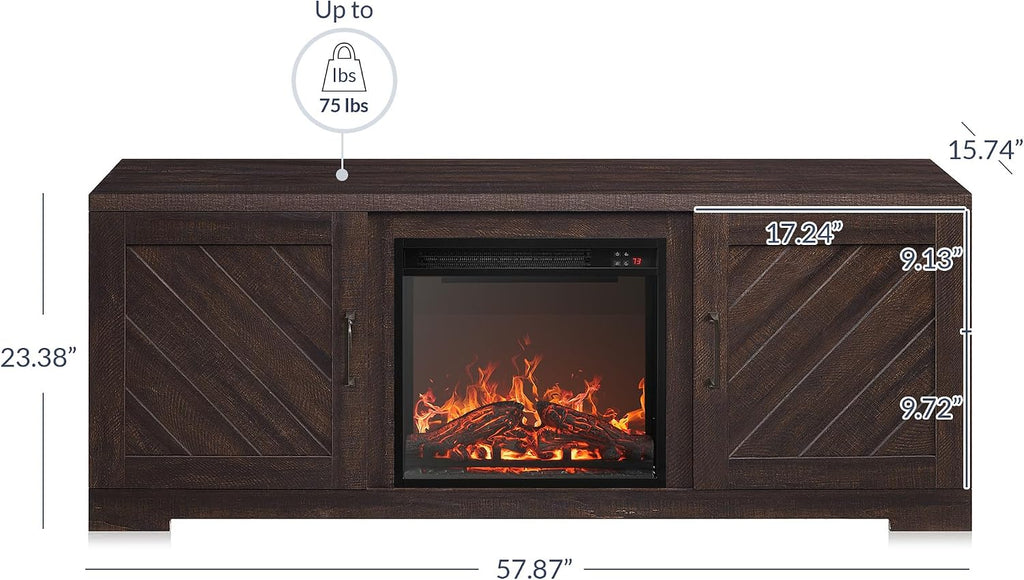 BELLEZE Modern 58' Farmhouse TV Stand with 18' Electric Fireplace Heater & Media Entertainment Center for TV up to 65', Console Table with Storage Cabinets - Hilo (Espresso)