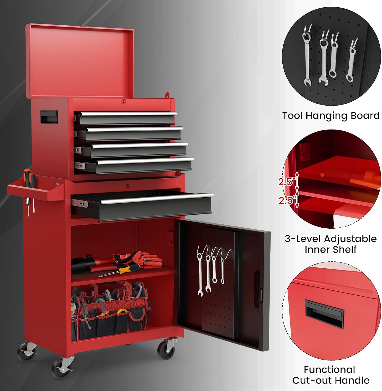 Goplus Rolling Tool Chest, 5-Drawer Tool Box Organizer w/Lockable Wheels & Sliding Drawers & Detachable Top & Adjustable Shelf, Tool Storage Cabinet for Garage Workshop (Red+Black)