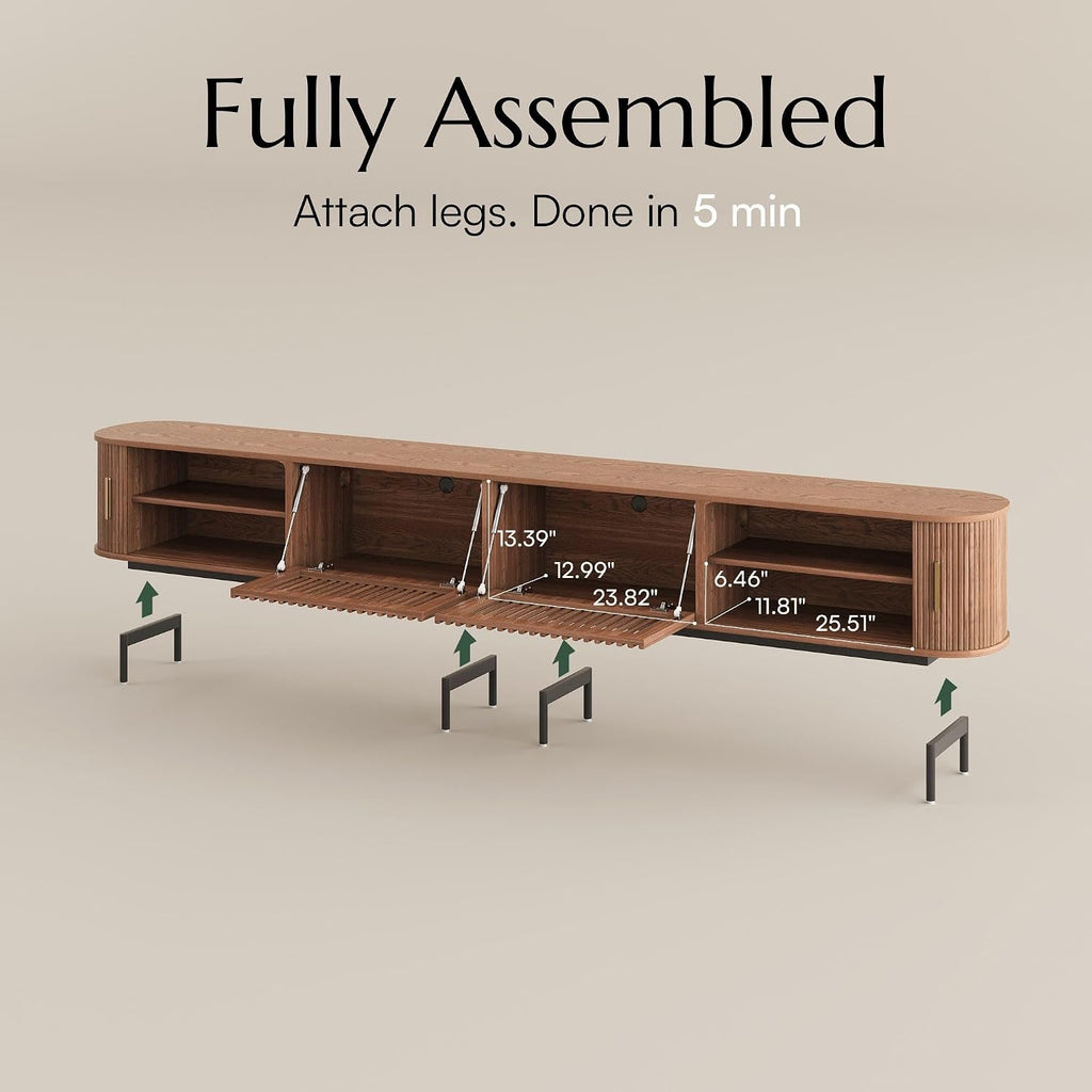 POVISON Fully-Assembled Sliding Tambour Door TV Stand, Mid Century Modern TV Console, Wood Media Console, Entertainment Center with Storage Cabinet (Walnut, 118.11')