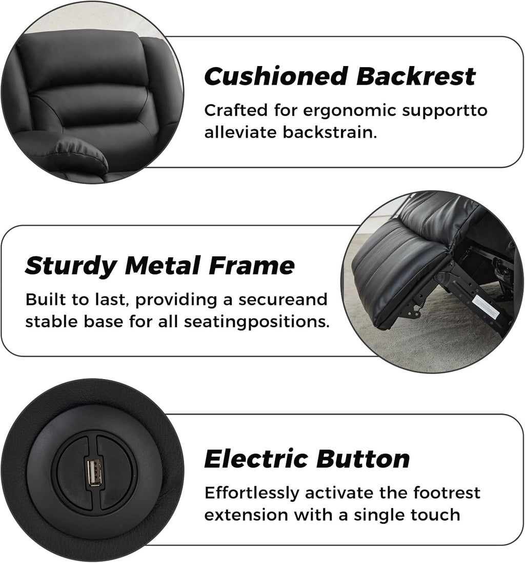 EBELLO Classic Power Recliner Chair, Faux Leather Oversized Electric Overstuffed Chair with Soft Cushion and Back, Sofa with Comfortable Armchair for Living Room, Black