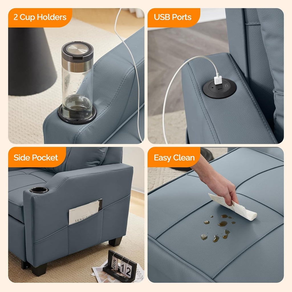 VINGLI Blue Gery Sleeper Chair Bed 3-in-1 Convertible Futon Sofa Bed Pull Out Couch Bed Adjustable Recliner Chair with USB Ports Cup Holders Side Pockets for Living Room Bedroom Small Spaces