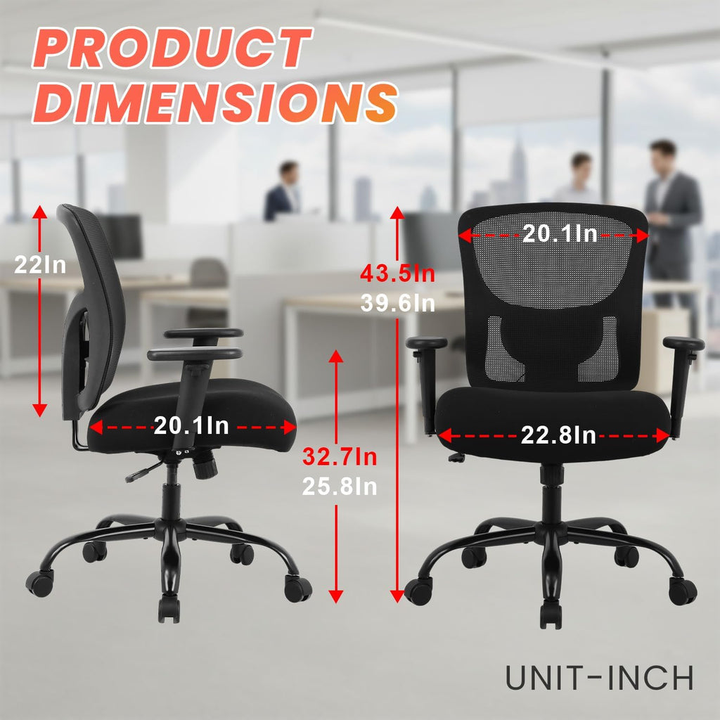 BestOffice Big and Tall 500 lb Mesh Office Chair Ergonomic High Back Desk Chair with Lumbar Support and Extra-Wide Seat for Home Office, Black