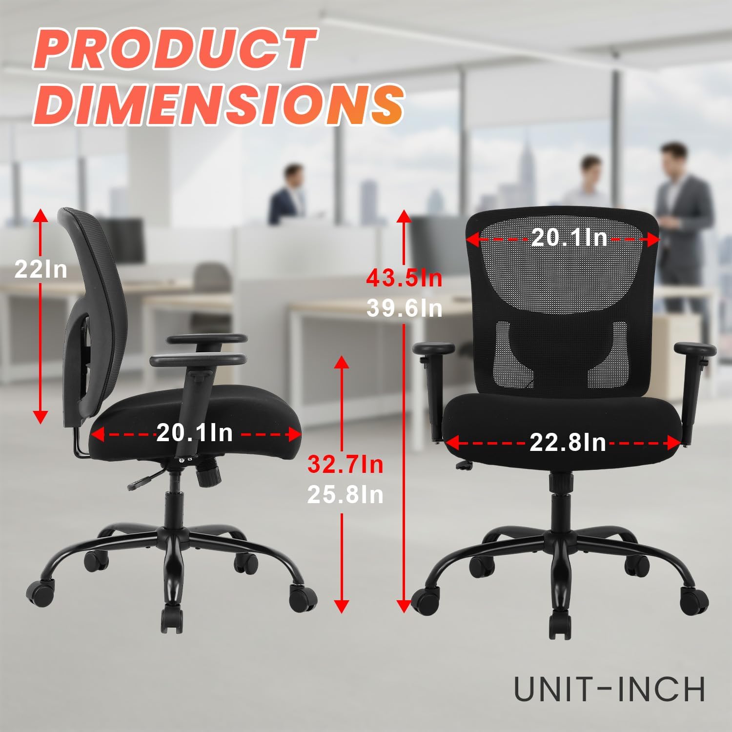 BestOffice Big and Tall 500 lb Mesh Office Chair Ergonomic High Back Desk Chair with Lumbar Support and Extra-Wide Seat for Home Office, Black