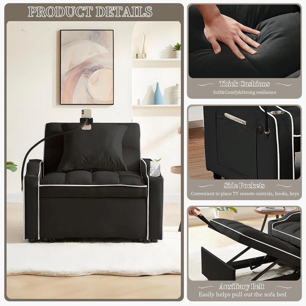 Convertible Sleeper Sofa Chair Bed, 3 in 1 Velvet Single Small Futon Sofa Bed with Phone Holder & USB Ports,Pull Out Couch Recliner with Adjustable Backrest for Living Room, Office, Small Place(Black)