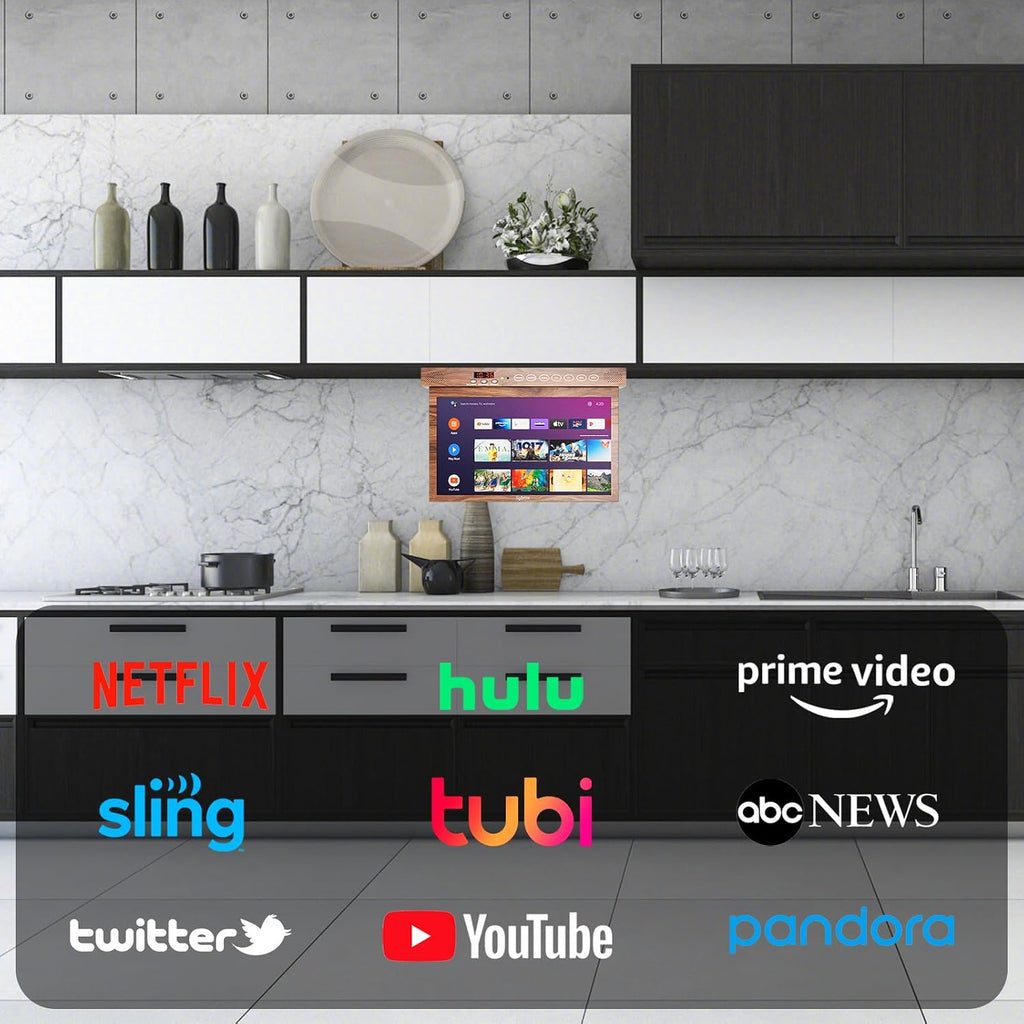 SYLVOX 15.6' Under Cabinet Smart TV – 360° Rotation, 90° Flip-Down Screen, Wireless Connectivity, Space-Saving Design for Kitchen, Bedroom, or RV. (Wood Grain Color)