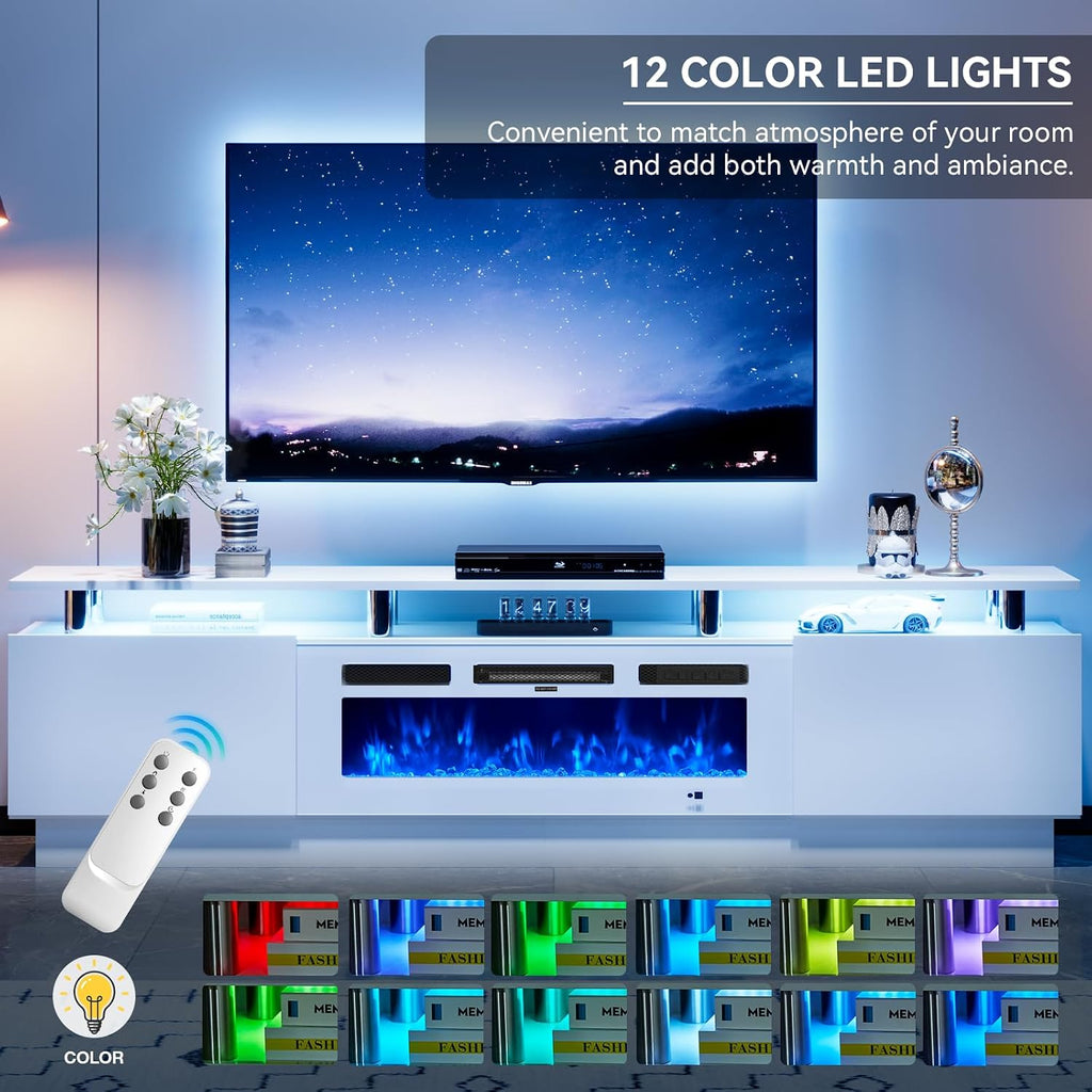 80' Entertainment Center & TV Stand, Modern Media Console with Storage Cabinet, Fits TVs up to 90', Living Room Furniture, 36' Electric Fireplace (All White)