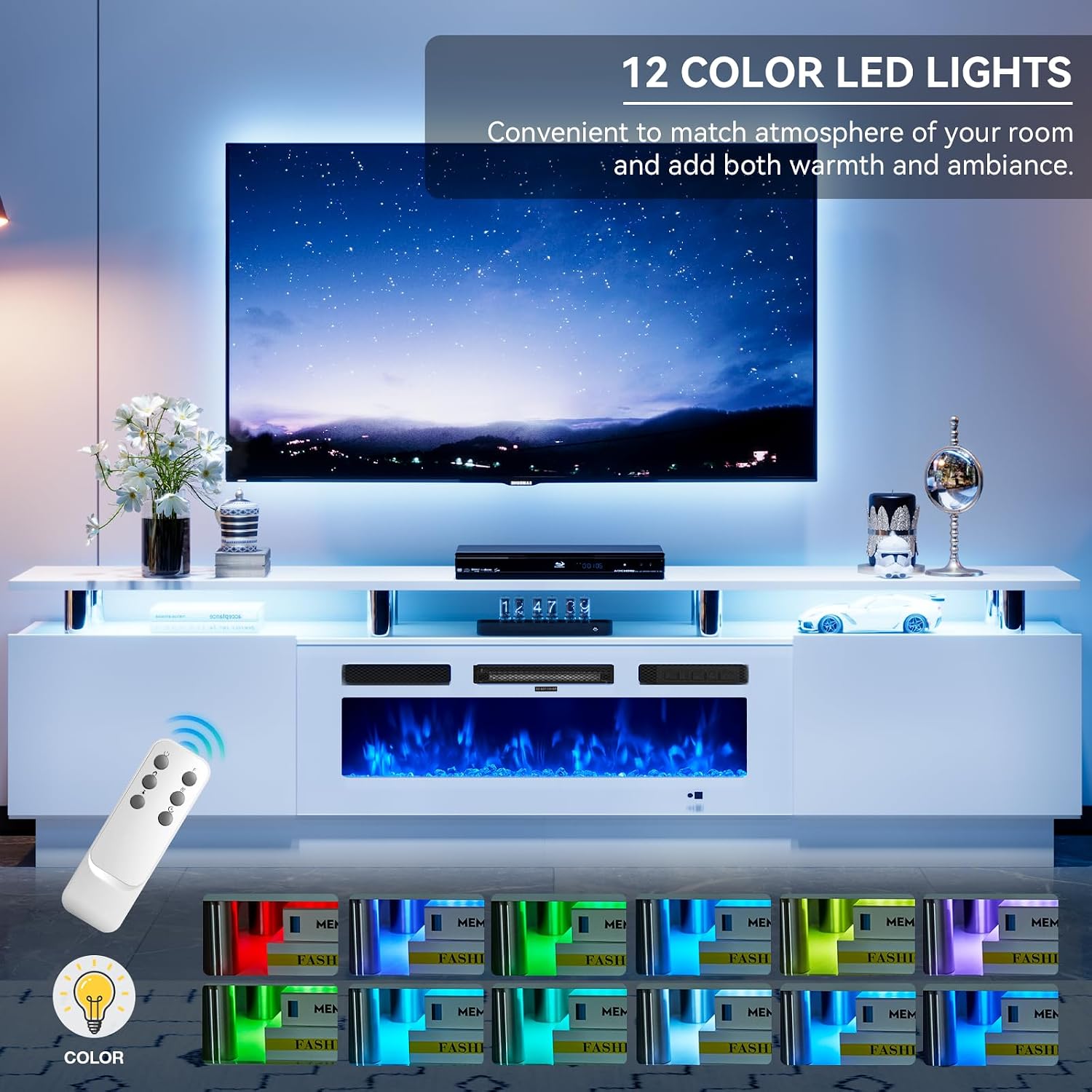 80' Entertainment Center & TV Stand, Modern Media Console with Storage Cabinet, Fits TVs up to 90', Living Room Furniture, 36' Electric Fireplace (All White)