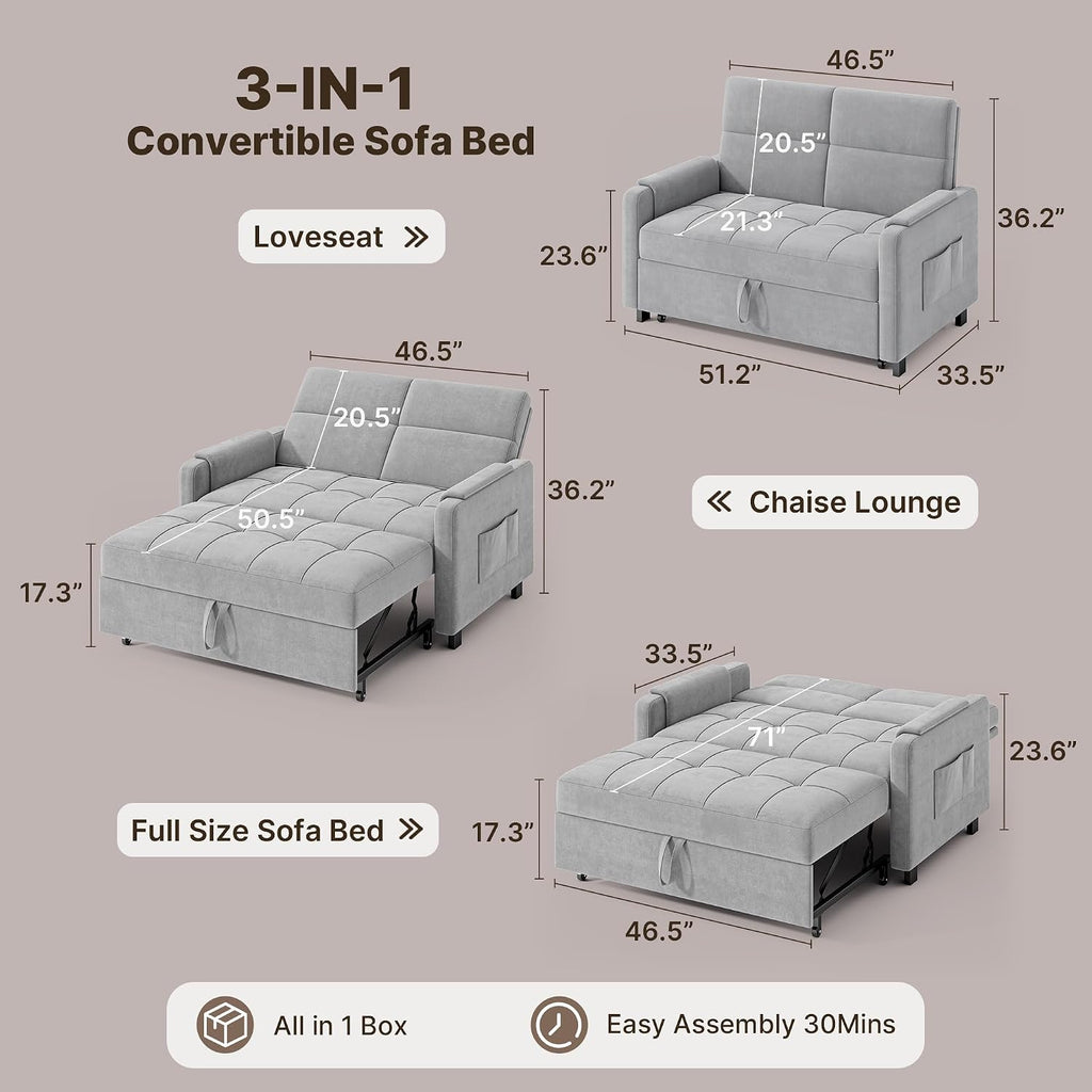 Gizoon Convertible Sofa Bed, 3-in-1 Pull Out Couch, 5-Position Adjustable Backrest & Side Pockets, Modern Small Loveseat Sleeper Sofa for Living Room, Apartment, Dorm, Studio, Guest Room, Light Grey