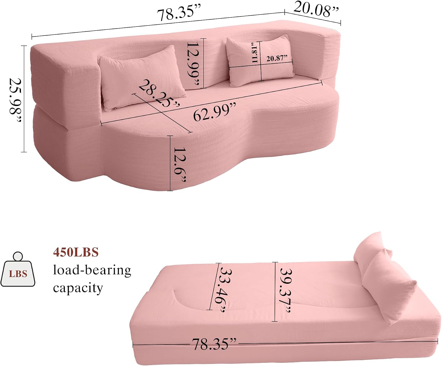 2-in-1 Convertible Sofa,78 Inch Pull Out Sofa Folding Sofa Bed with 2 Pilow Lazy Sofa, Teddy Loveseat Sleeper Floor Sofa for Apartment Children's Room Bedroom Living Room (Teddy, Pink)