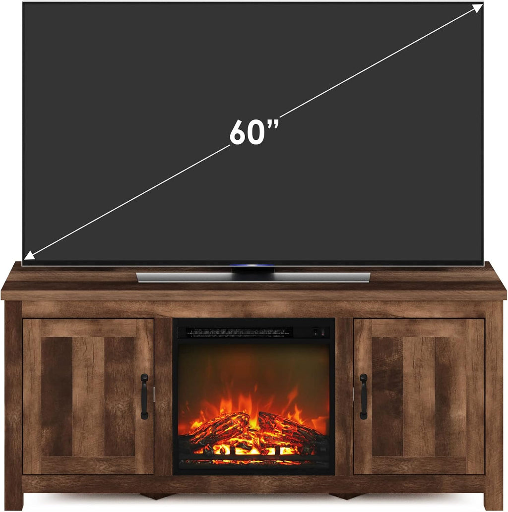 Furinno Jensen Farmhouse Barn Door Fireplace Stand with Storage Cabinet for TV up to 60 Inch, Rustic Brown