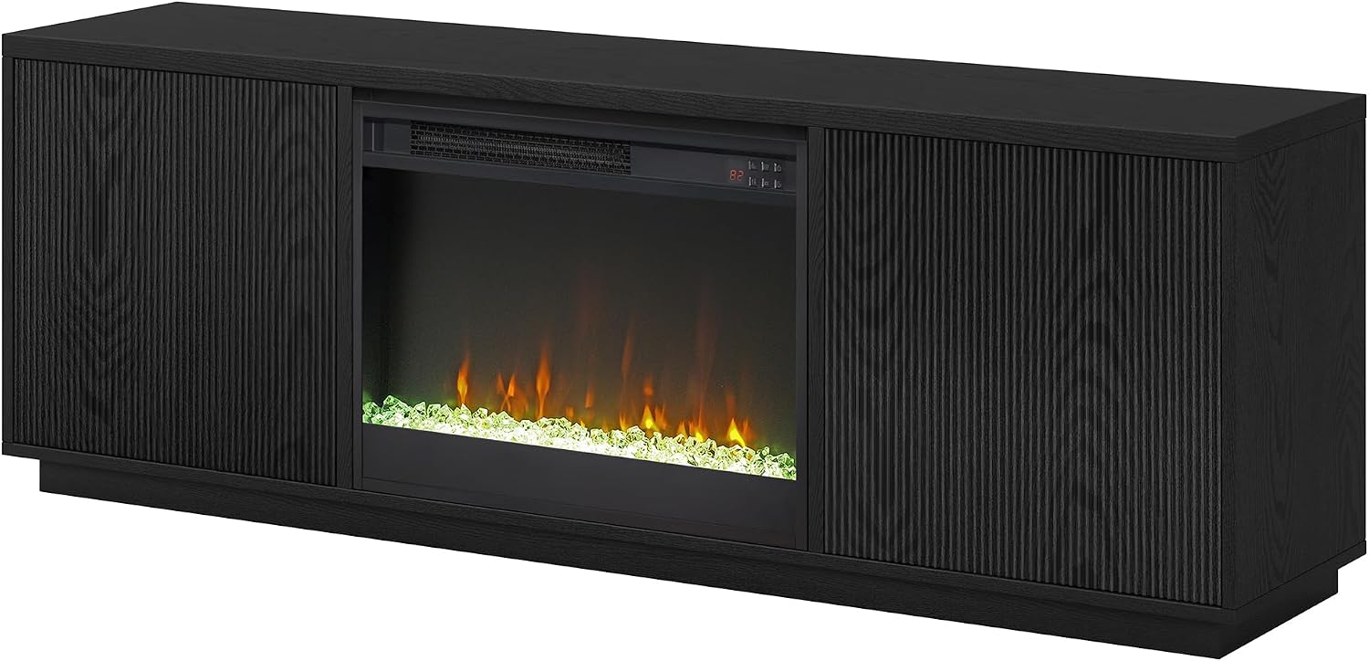Henn&Hart Fluted TV Stand for TVs up to 75' with 26' Electric Crystal Rocks Fireplace and Ribbed Side Storage Cabinets for Living Room, Family Room, or Office, Natural Black