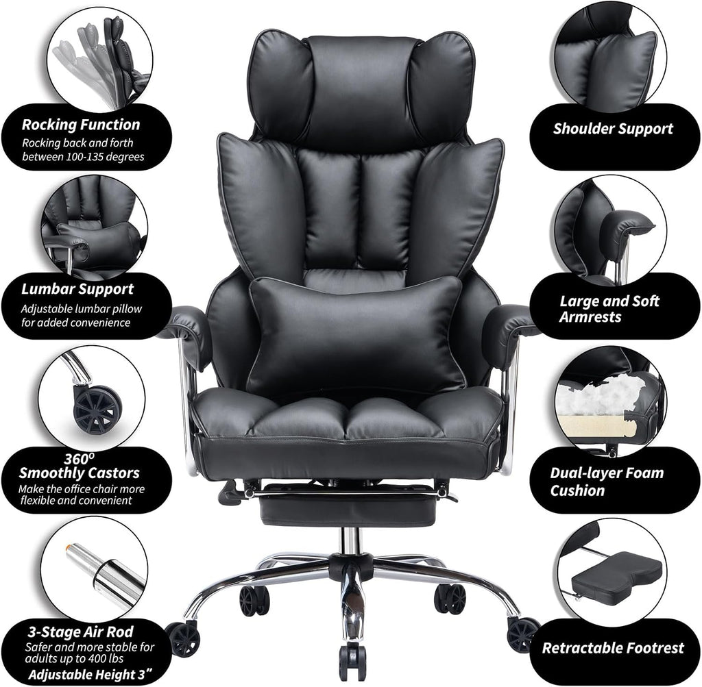 Efomao Big and Tall Office Chair 400lbs – High Back Executive Chair with Swivel Base, PU Leather Upholstery, Lumbar Pillow, Padded Armrests, and Rolling Wheels，Black Computer Chair