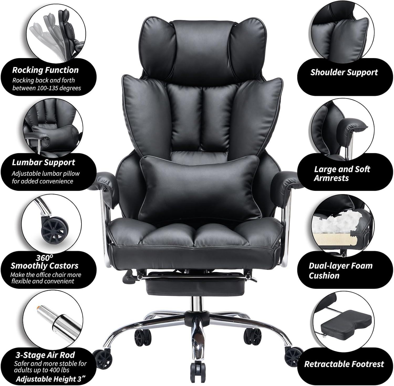 Efomao Big and Tall Office Chair 400lbs – High Back Executive Chair with Swivel Base, PU Leather Upholstery, Lumbar Pillow, Padded Armrests, and Rolling Wheels，Black Computer Chair