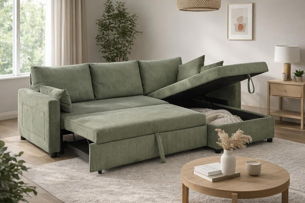Queen Sleeper Sofa, Convertible Sofa Bed with Storage, 85 Inch Sectional Couch with Pull Out Bed, L Shaped 3 Seat Sectional Sleeper Sofa for Living Room, Apartment, Green