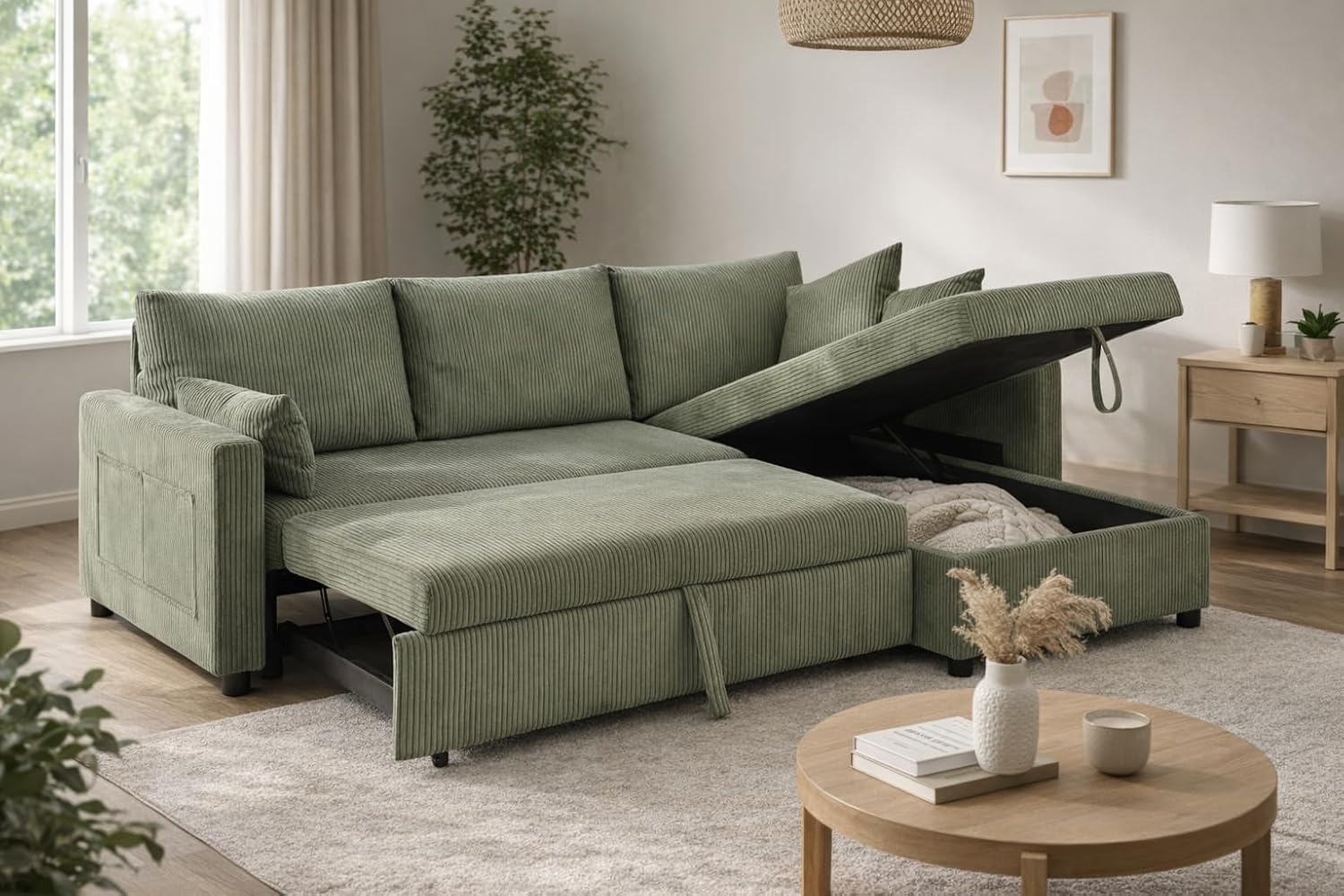 Queen Sleeper Sofa, Convertible Sofa Bed with Storage, 85 Inch Sectional Couch with Pull Out Bed, L Shaped 3 Seat Sectional Sleeper Sofa for Living Room, Apartment, Green
