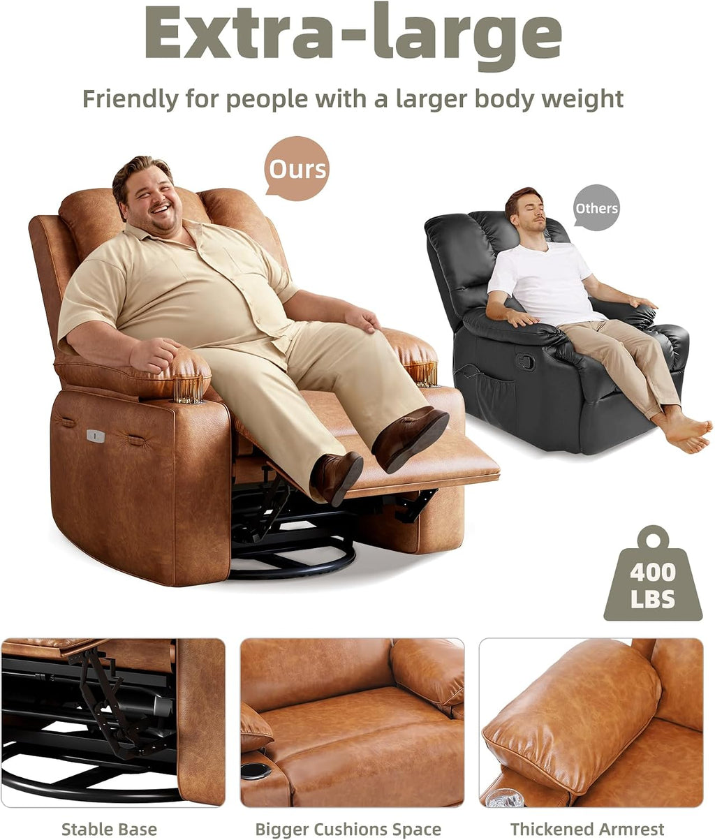 Oversized Electric Recliner Chair for Adults, Swivel Rocker Recliner with Massage and Heat, Pu Leather Single Sofa with Cup Holder and Side Pocket, for Living Room, Bedroom, Vintage Leather