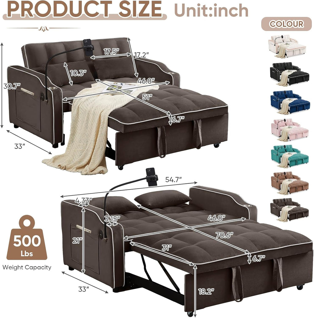 Antetek Sleeper Sofa Couch Bed with USB & Type C Port, Modern 3-in-1 Convertible Velvet Pull Out Loveseat Futon Sofa w/Phone Holder/Cup Holder for Living Room Apartment, Adjustable Backrest, Coffee