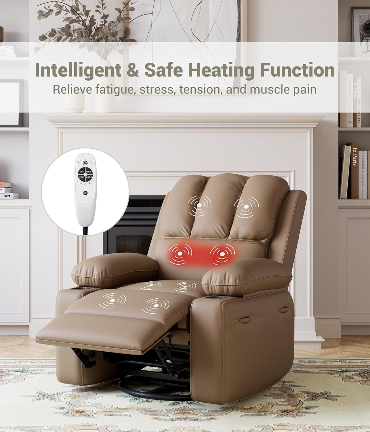 GarveeLife Oversized Recliner Chairs with Heat and Massage - Lazy Sofa for Adults- Manual Chair Recliner with Cup Holder for Living Rooms, Bedrooms and Nurseries - Tan
