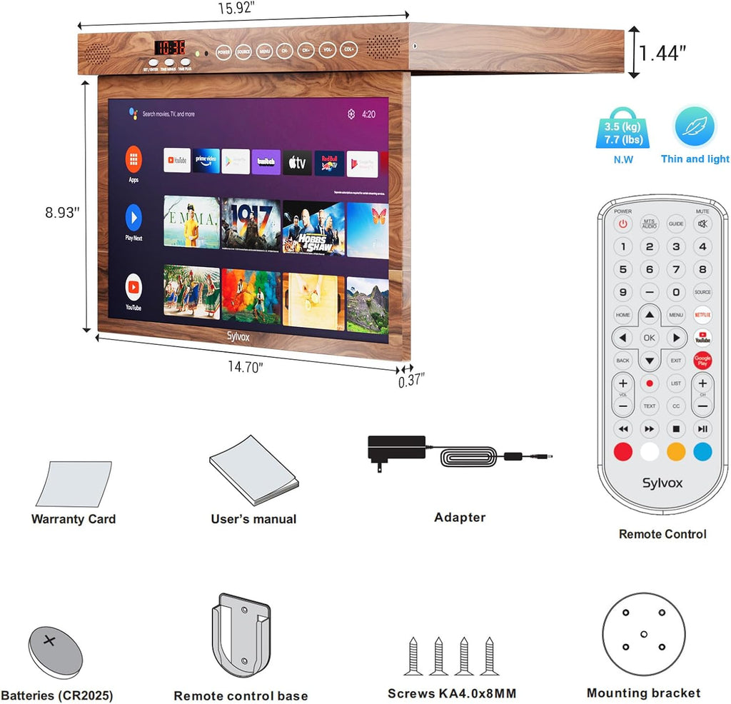 SYLVOX 15.6' Under Cabinet Smart TV – 360° Rotation, 90° Flip-Down Screen, Wireless Connectivity, Space-Saving Design for Kitchen, Bedroom, or RV. (Wood Grain Color)
