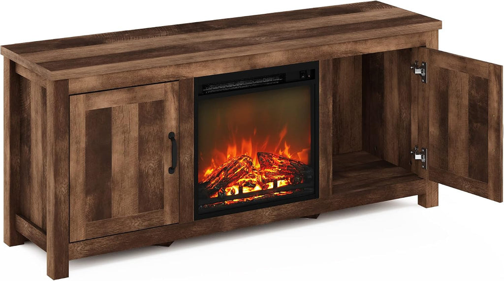 Furinno Jensen Farmhouse Barn Door Fireplace Stand with Storage Cabinet for TV up to 60 Inch, Rustic Brown