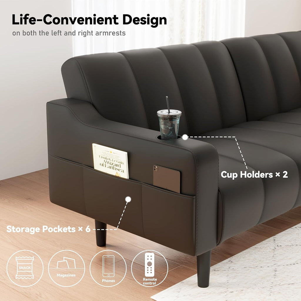 80'' Futon Sofa Bed,Faux Leather Futon Sleeper Sofa, Convertible Loveseat with Adjustable Sofa Backrest,Modern Couches for Living Room, Bedroom, Apartment, Office (Black)