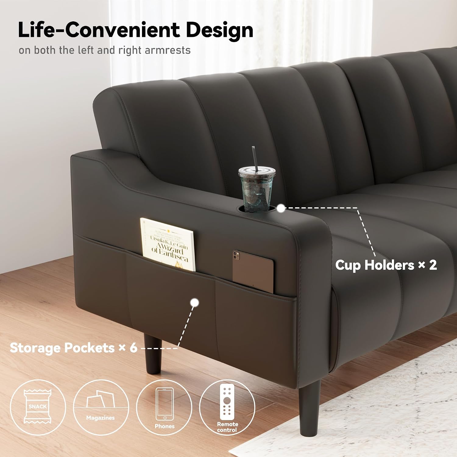 80'' Futon Sofa Bed,Faux Leather Futon Sleeper Sofa, Convertible Loveseat with Adjustable Sofa Backrest,Modern Couches for Living Room, Bedroom, Apartment, Office (Black)