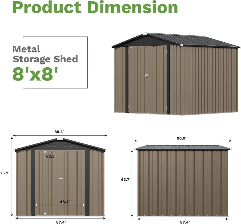Patiowell 8x8 FT Outdoor Storage Shed, Metal Tool Sheds, Brown