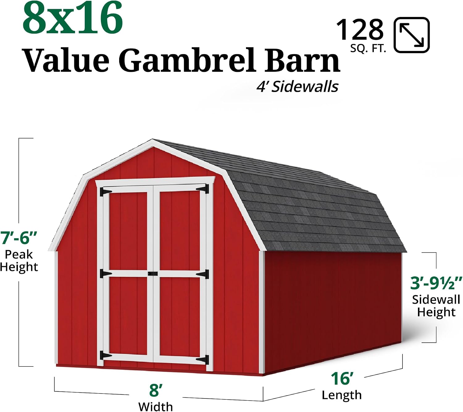 Little Cottage Co. 8x16 Value Gambrel Barn with 4 ft. Sidewalls with Floor, Outdoor Wood Storage Shed Do-It-Yourself Precut Kit
