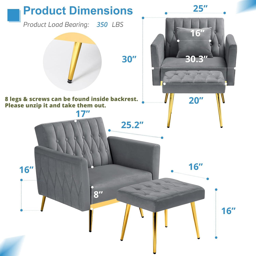 2 Pieces Velvet Sofa Set with Adjustable Armrest and Backrest, 70' Convertible Futon Sofa Bed & Mordern Accent Chair with Ottoman for Living Room, Bedroom, Grey